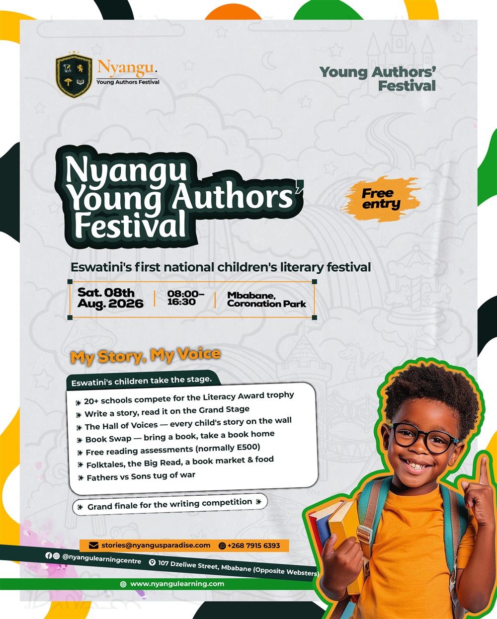 Nyangu Young Authors Festival 2026 poster — Saturday 8 August, 08:00 to 16:30, Coronation Park, Mbabane. Free entry.
